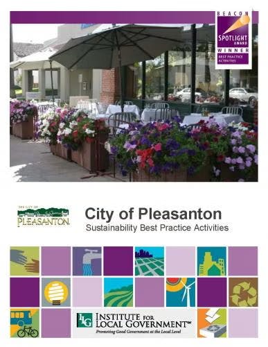 City of Pleasanton sustainability activities report with floral cafe image and Institute for Local Government logo.