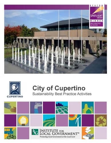 City of Cupertino's flyer on sustainability best practices, featuring a government building with fountains and award mentions.