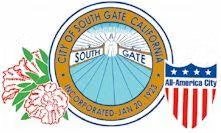 Seal of South Gate, California, with flowers and an "All-America City" shield.