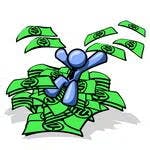A blue stick figure joyfully sitting on a pile of money, with bills flying around.