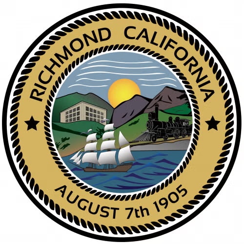 Richmond, California seal featuring a ship, train, hills, sun, and the text "August 7th 1905."