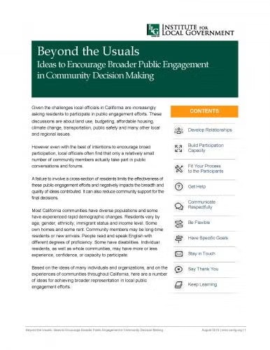Document on public engagement strategies by the Institute for Local Government, with a contents list on improving community decision-making.