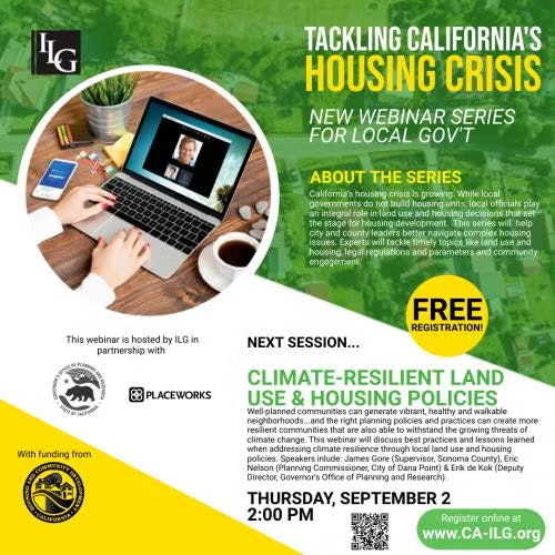 Webinar on climate-resilient land use and housing policies for California's housing crisis. Free registration.