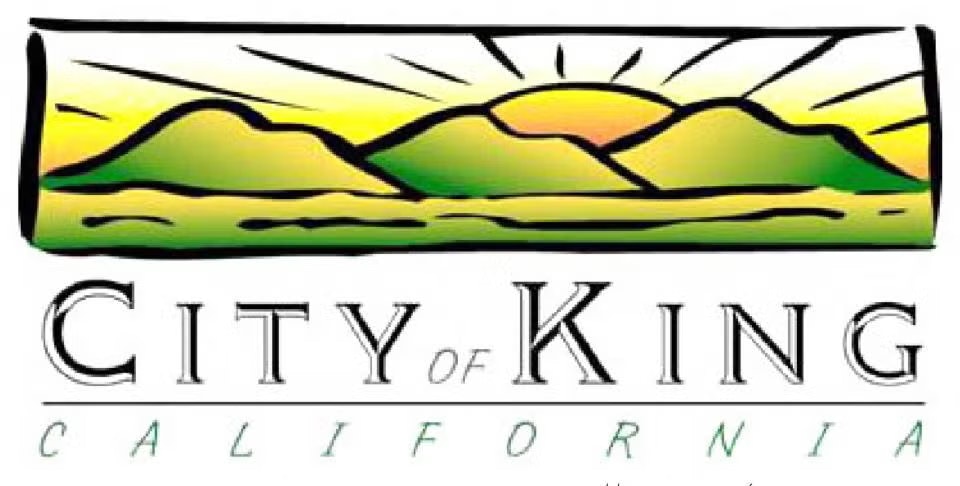 Illustrated mountains and sunrise with text: "City of King, California."