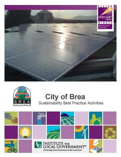 Image of a "City of Brea" sustainability pamphlet featuring solar panels, award logos, and the Institute for Local Government.