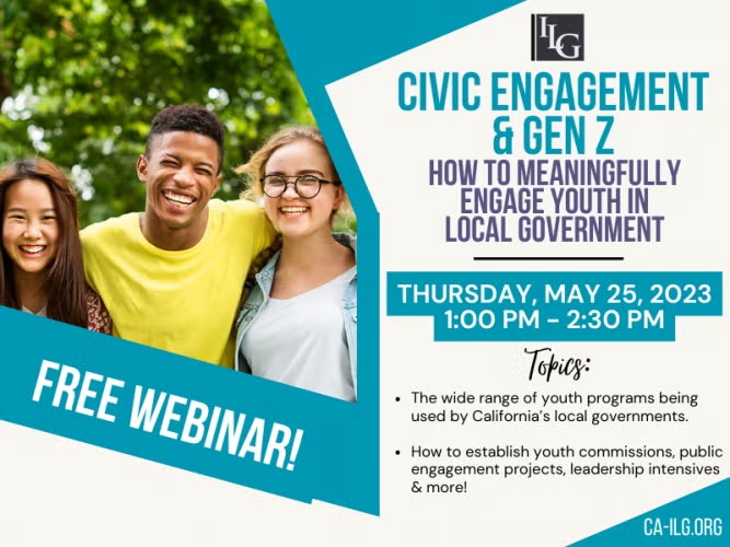 Free webinar on civic engagement for Gen Z in local government. Topics: youth programs, public engagement, leadership. May 25.