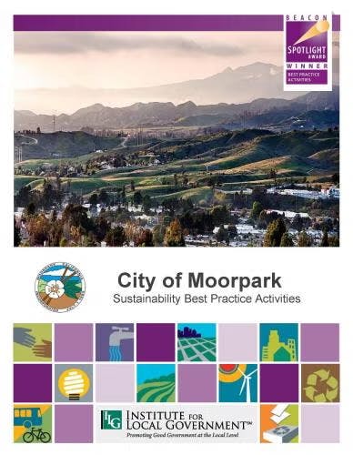 Image of a cityscape with hills. Text: "City of Moorpark, Sustainability Best Practice Activities". Logos and colorful icons at the bottom.