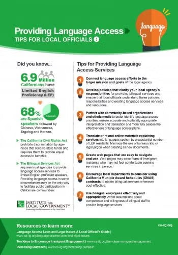 Flyer offering tips on providing language access for local officials, highlighting statistics and suggestions to improve services.