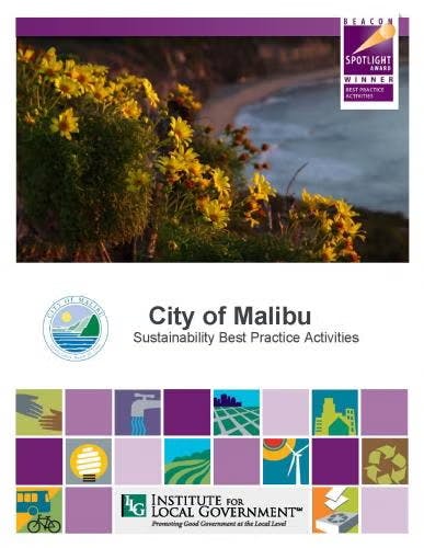 Cover page titled "City of Malibu: Sustainability Best Practice Activities" with scenic imagery and logos, including the Institute for Local Government.