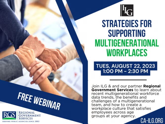 Free webinar on strategies for supporting multigenerational workplaces, happening on August 22, 2023, from 1:00 PM to 2:30 PM.