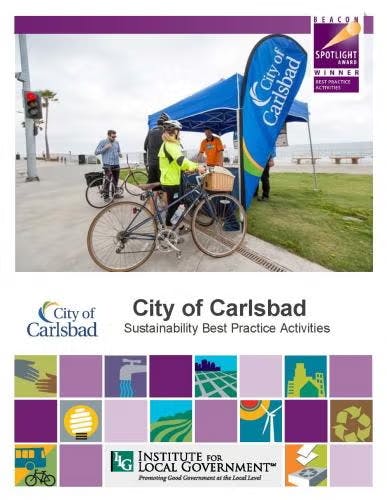 People with bicycles at a City of Carlsbad event; focus on sustainability and best practices. Institute for Local Government logo displayed.