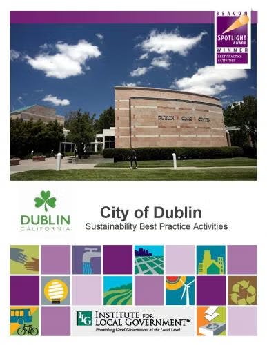 Cover image for Dublin, California's sustainability practices, featuring city hall, award logo, and local government institute info.