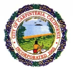 Seal of Carpinteria, California, with a figure by the sea, a sunset, and "Incorporated 1965" text.