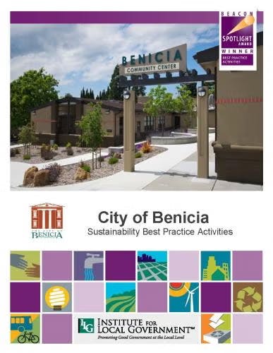 City of Benicia's sustainability activities recognized; image of community center and Institute for Local Government logo.