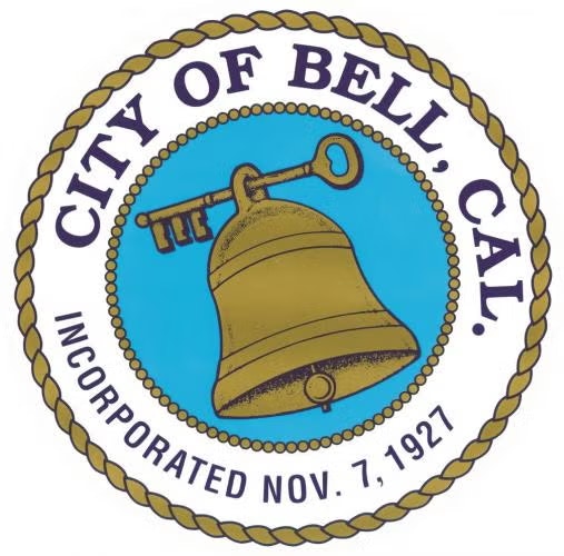 Seal of the City of Bell, California, featuring a bell and key, with incorporation date November 7, 1927.