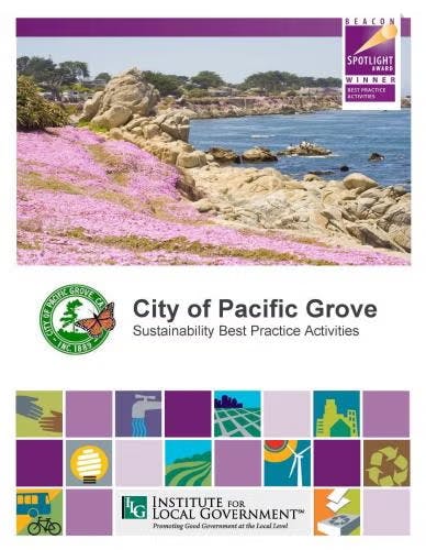 Cover image with Pacific Grove coastline, award logos, and sustainability best practices by the Institute for Local Government.