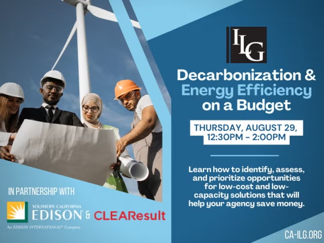 Event on decarbonization and energy efficiency by ILG, with partners Southern California Edison and CLEAResult, on August 29, 12:30 PM.