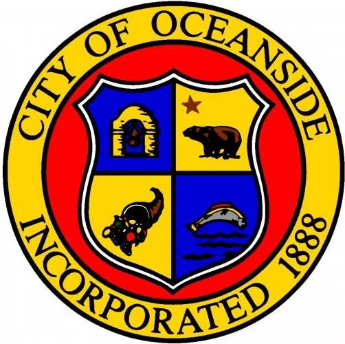 Seal of the City of Oceanside, featuring a bear, fish, and other symbols, with "Incorporated 1888" text.