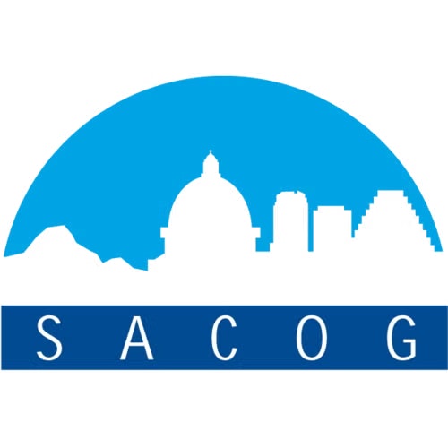 Blue and white logo with a city skyline silhouette and the text "SACOG" at the bottom.