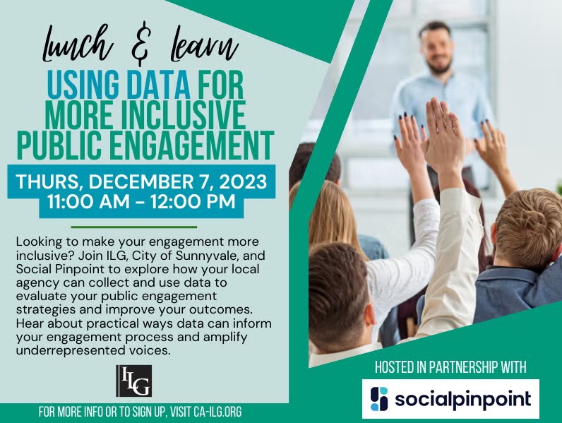 Lunch & Learn event on inclusive public engagement using data, December 7, 2023, 11 AM-12 PM, hosted with Social Pinpoint.