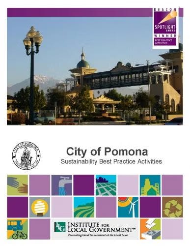 City of Pomona document on sustainability practices, featuring a scenic image and award recognition.