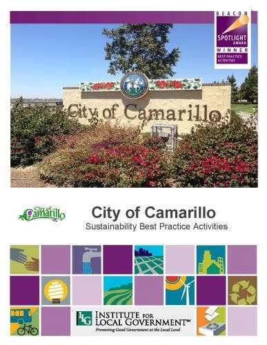 City of Camarillo sign, sustainability activities cover with logos, and colorful icons promoting local government practices.