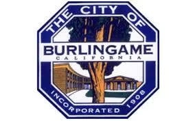 Emblem for the City of Burlingame, California, featuring a tree, buildings, and the year 1908.