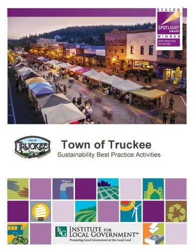 Town of Truckee's sustainability practices with a vibrant market and Institute for Local Government logo.
