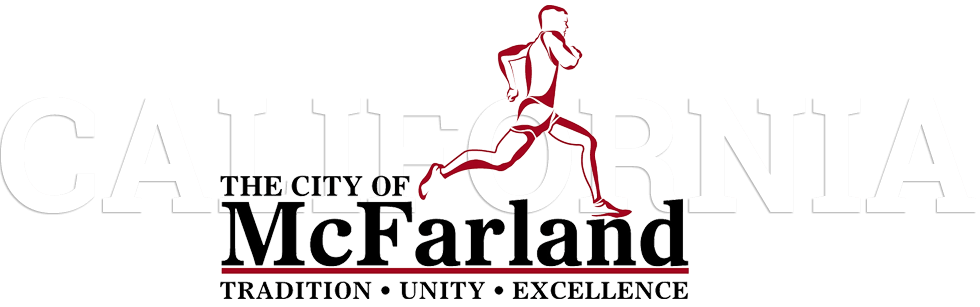 Text "California" with a runner illustration and "The City of McFarland, Tradition • Unity • Excellence" underneath.
