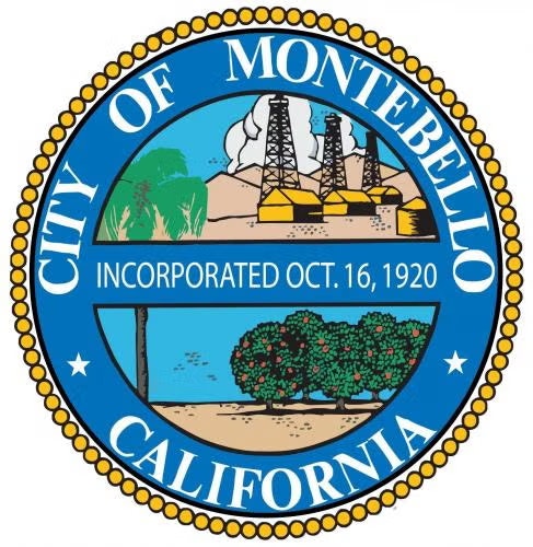 Seal of Montebello, California; shows oil rigs, trees, "Incorporated Oct. 16, 1920."