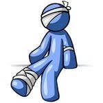 A blue cartoon figure sitting with bandages on its head, arm, and leg.