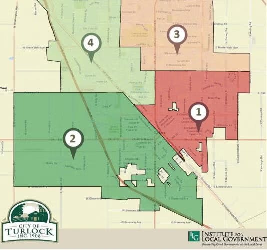 Map of Turlock city districts with numbered areas and color-coding for local governance.