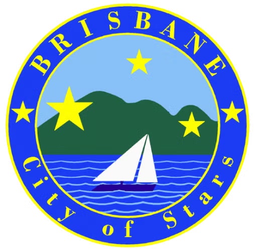 Brisbane seal with a sailboat, stars, green hills, and "City of Stars" text on a blue and yellow circular design.