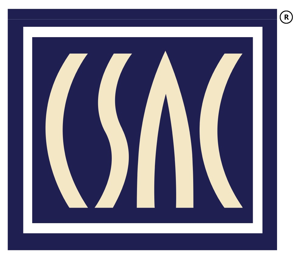 A navy blue and beige logo with abstract lines, encased in a square frame with a registered trademark symbol.