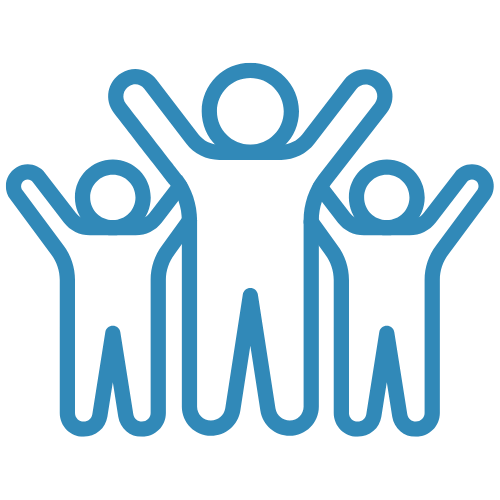 Three abstract figures with raised arms, outlined in blue.