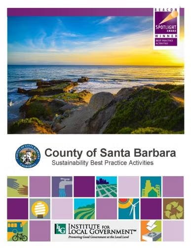 Scenic coastal view, Santa Barbara sustainability best practices, award mention, Institute for Local Government logo.