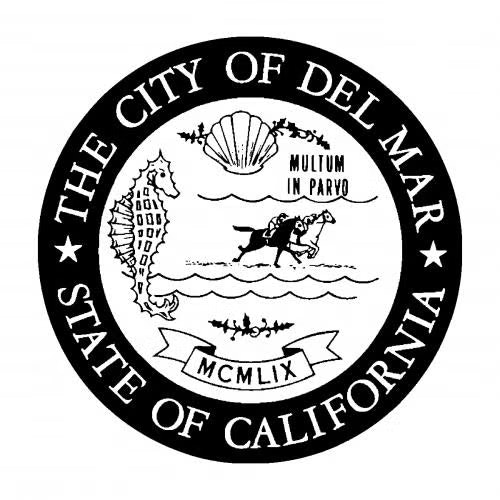 Seal of Del Mar, California featuring a seahorse, shell, horse racing, "Multum in Parvo," and "MCMLIX."