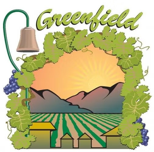 Illustration with "Greenfield" text, grapevines, mountains, fields, and a sunset.