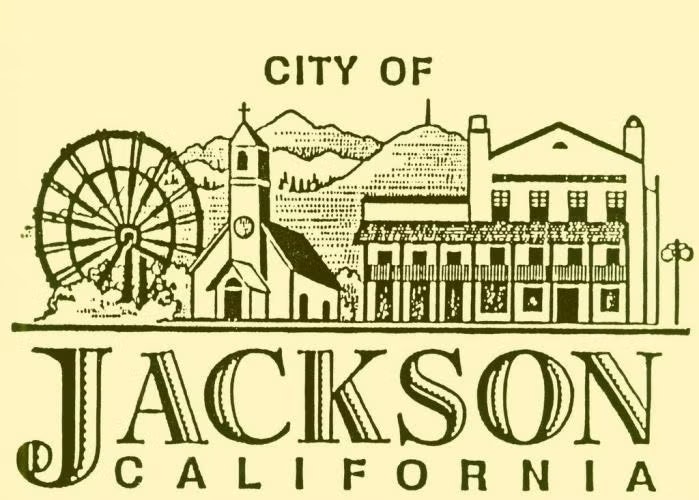 Illustration of Jackson, California with landmarks: Ferris wheel, church, mountains, building, and industrial scenery.