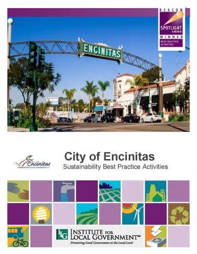 City of Encinitas cover, showcasing sustainability activities and awards, with a street view image and logos of related organizations.