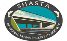 Logo of Shasta Regional Transportation Agency featuring a stylized roadway and bridge with mountains in the background.