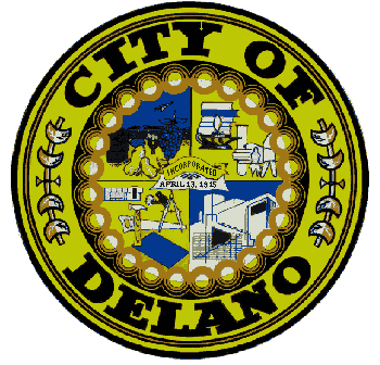 Seal of the City of Delano with various symbols, including agriculture and buildings, and the incorporation date April 13, 1915.