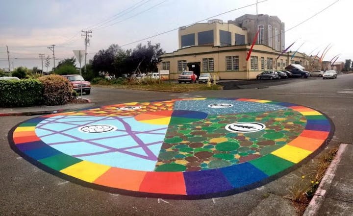 A colorful roundabout mural with geometric patterns and symbols, located in an industrial area near a building and parked cars.