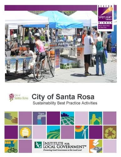 Cover for "City of Santa Rosa: Sustainability Best Practice Activities" with market scene and colorful icons.