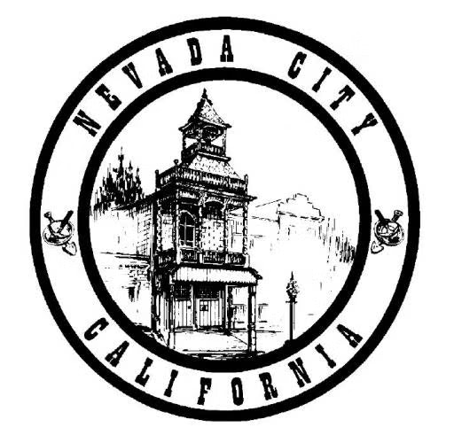 Nevada City, California emblem with a historic building illustration and crossed hammers.