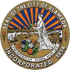 Seal of the City of Alameda featuring a woman, flowers, a ship, and sun rays, with the motto "Prosperitas Terra Marique," incorporated in 1854.