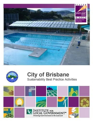 Award-winning sustainability practices in Brisbane, featuring a pool and logos for achievements in local government sustainability.