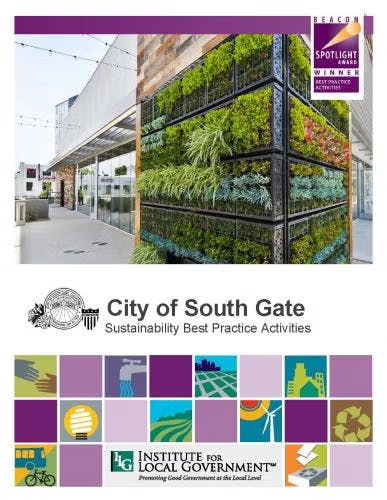 Vertical garden, City of South Gate sustainability award, various eco-friendly icons, and Institute for Local Government logo.