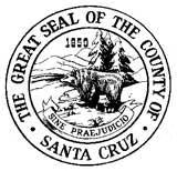 Santa Cruz County seal featuring a bear, mountains, and the motto "Sine Praejudicio" with the year 1850.