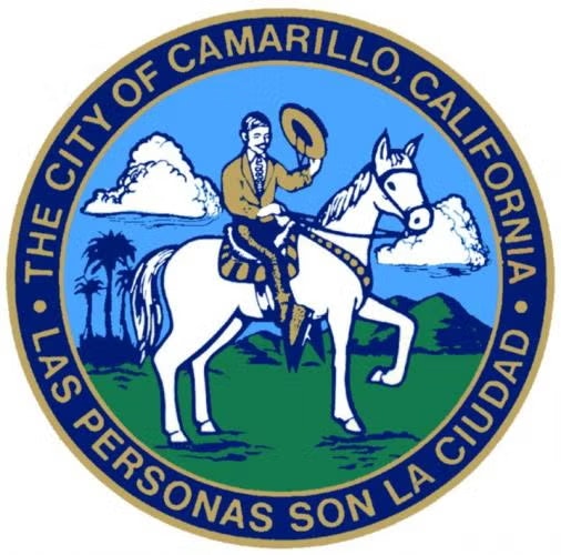 Seal of Camarillo, California; features a man on a horse and the text "The City of Camarillo, California, Las Personas Son La Ciudad."
